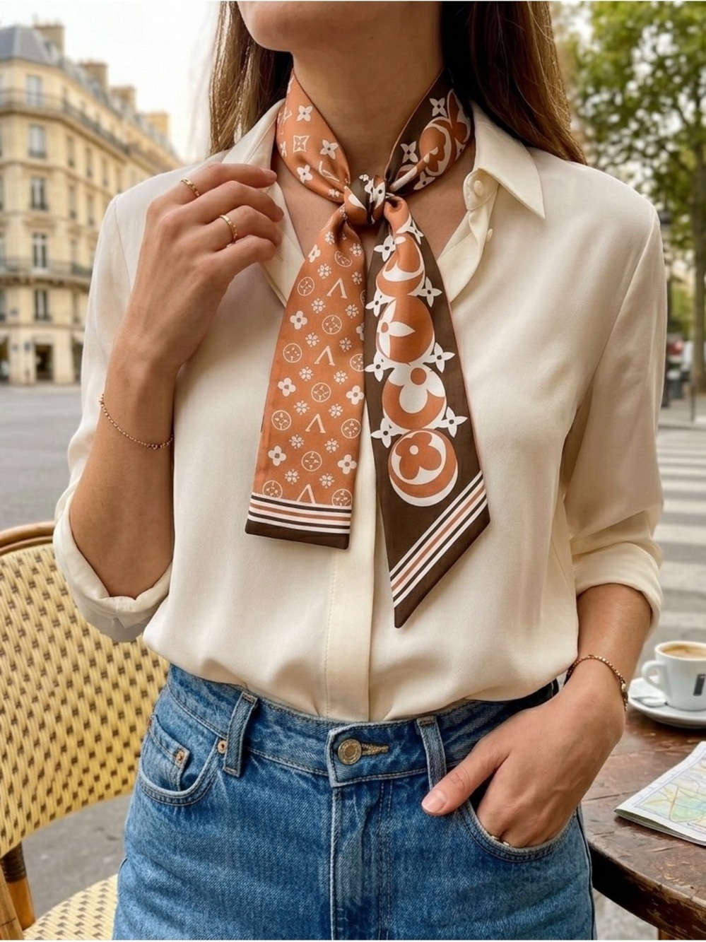 Big Twilly: Luxe Silk Twilly Scarf - Brown & Cream Monogram Print
